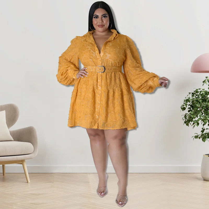 Large Size Female Shirt Dresses 2023 Fashion Print Long Sleeve Shirt Pleated Lapel Elegant Mini Dress Plus Size Women's Clothing