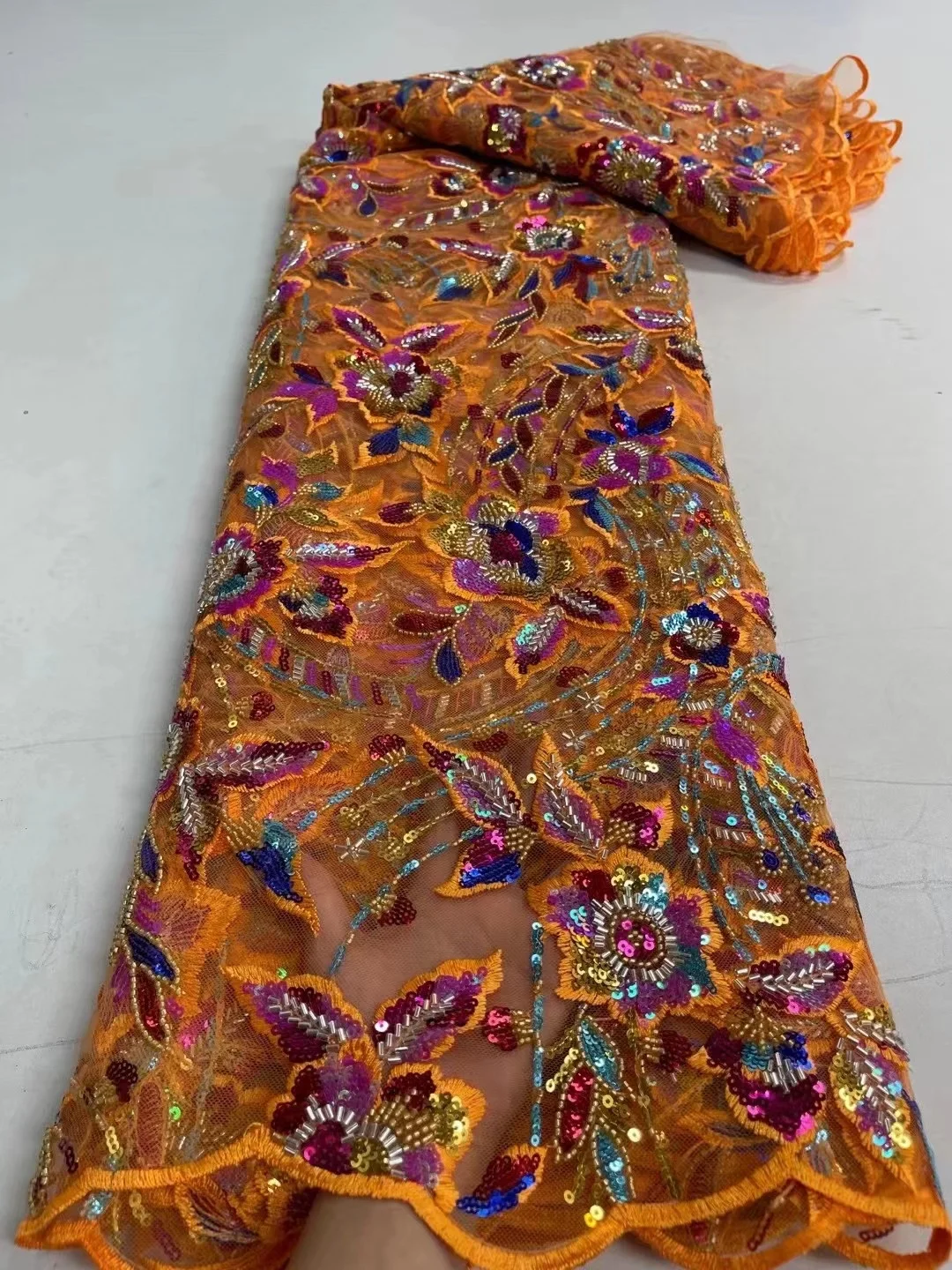 

Newest French Style Africa Net Lace Fabric Top Quality Fashion Design Handmade Beads Net Lace with Sequins Party wedding Dress