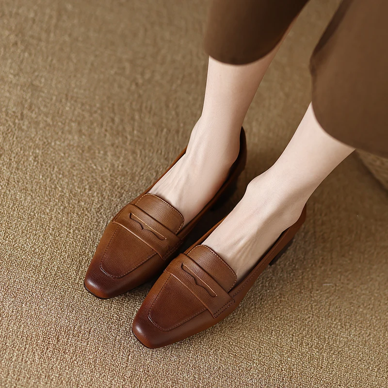 2023 Spring/Autumn Women Loafers Square Toe Chunky Heel Women Shoes NEW Genuine Leather Shoes Women Casual Retro Pumps for Women