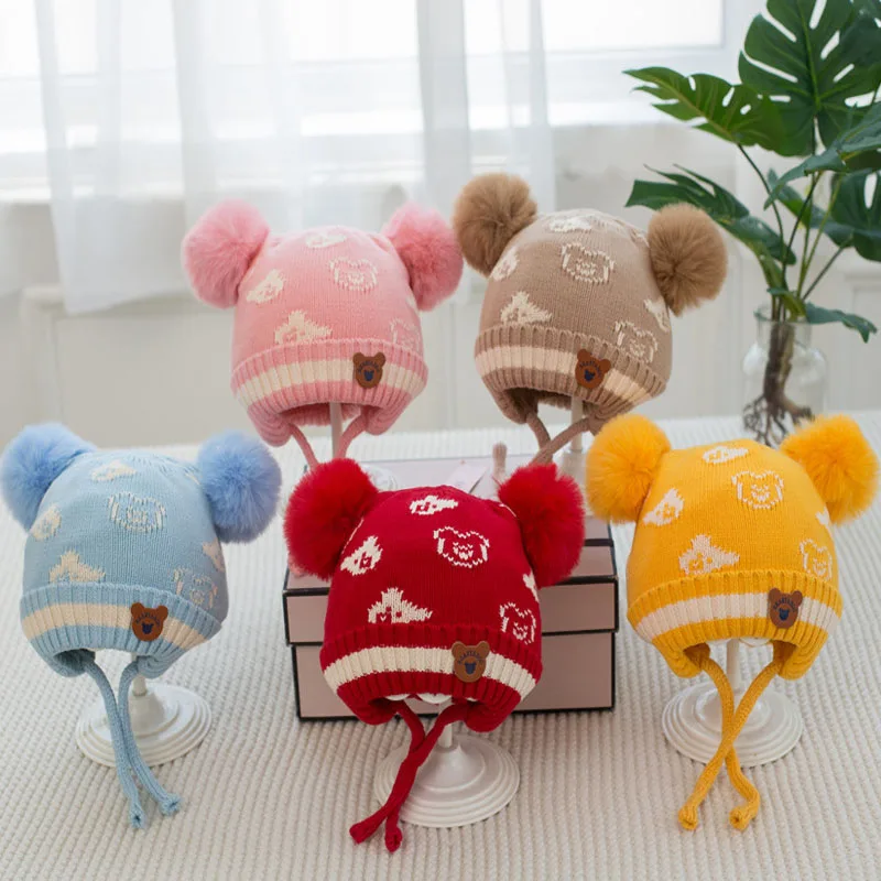 

Soft Warm Baby Beanies Knitted Hats For Toddler Children Bear Embroidery Kids Boys Girls Autumn Winter Caps 6 Colors