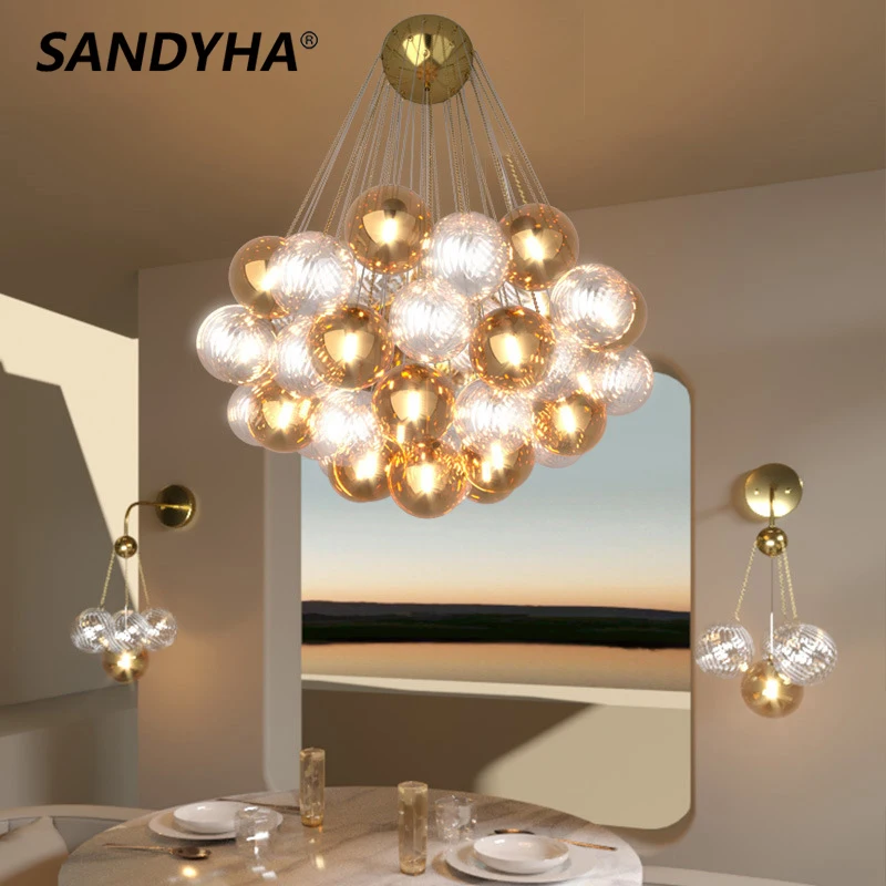 

SANDYHA Nordic Style Chandelier Amber Glass Ball Hanging Light Home Decoration Living Room Diner Staircase Lamparas Led De Techo