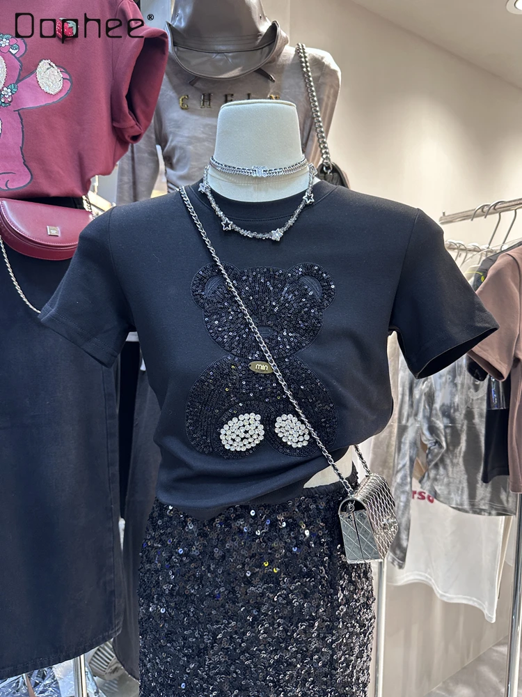 

Fashionable Embroidery Cartoon Bear Rhinestone Crop Top Women 2023 Autumn Short Sleeve T-shirt Female Slim Short Cotton Top
