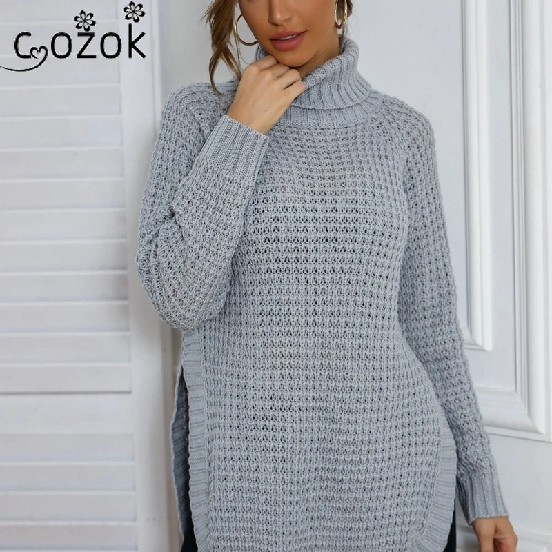 

Casual Solid Long Sleeve Hollow Out Split Women Knitted Sweater Fall Clothes for Women Turtleneck Gray Pullover Long Sweater