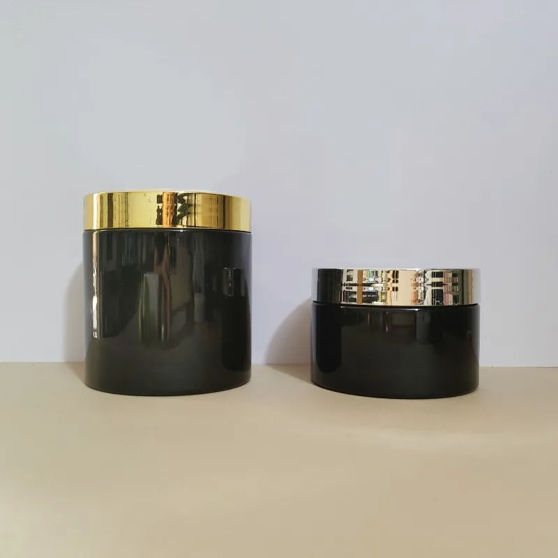 

12pcs/lot 250ml 300ml 400ml 500ml Empty Black Plastic Jar With Gold Screw Lid Cosmetic Facial Cream Hair Pomade Hair Wax Pot Box