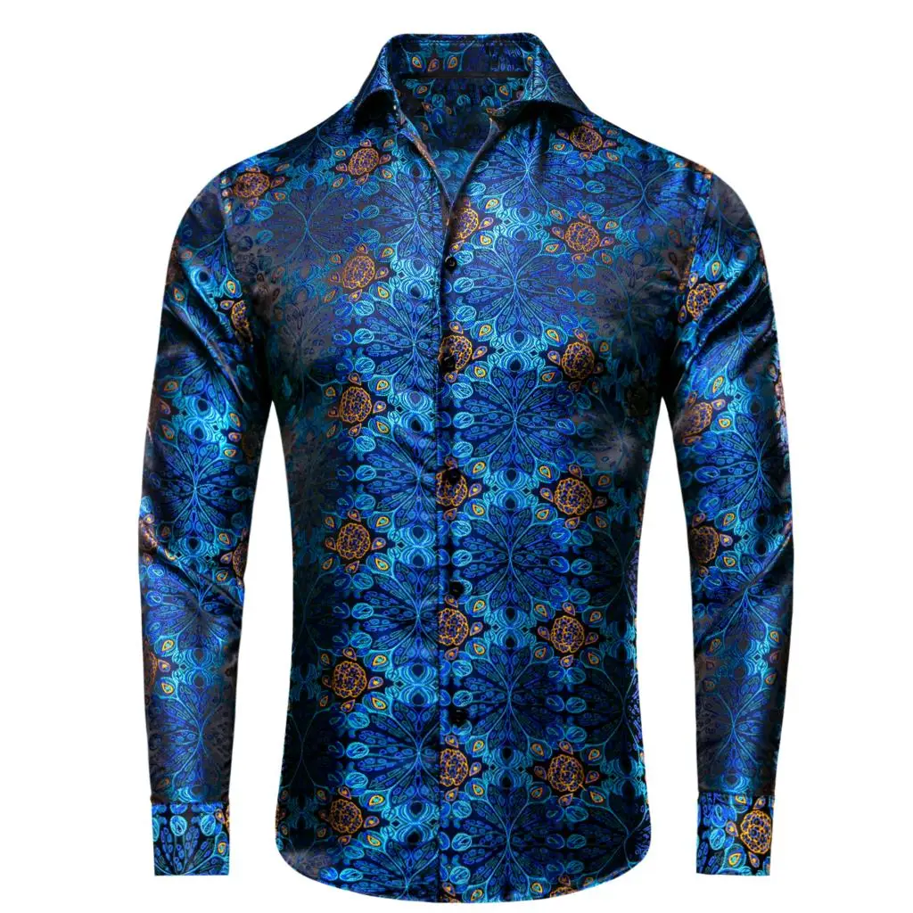 

Hi-Tie Peacock Blue Silk Mens Shirts Lapel Long Sleeve Social Suit Shirt Jacquard Floral Male Blouse Clothing Wedding Business