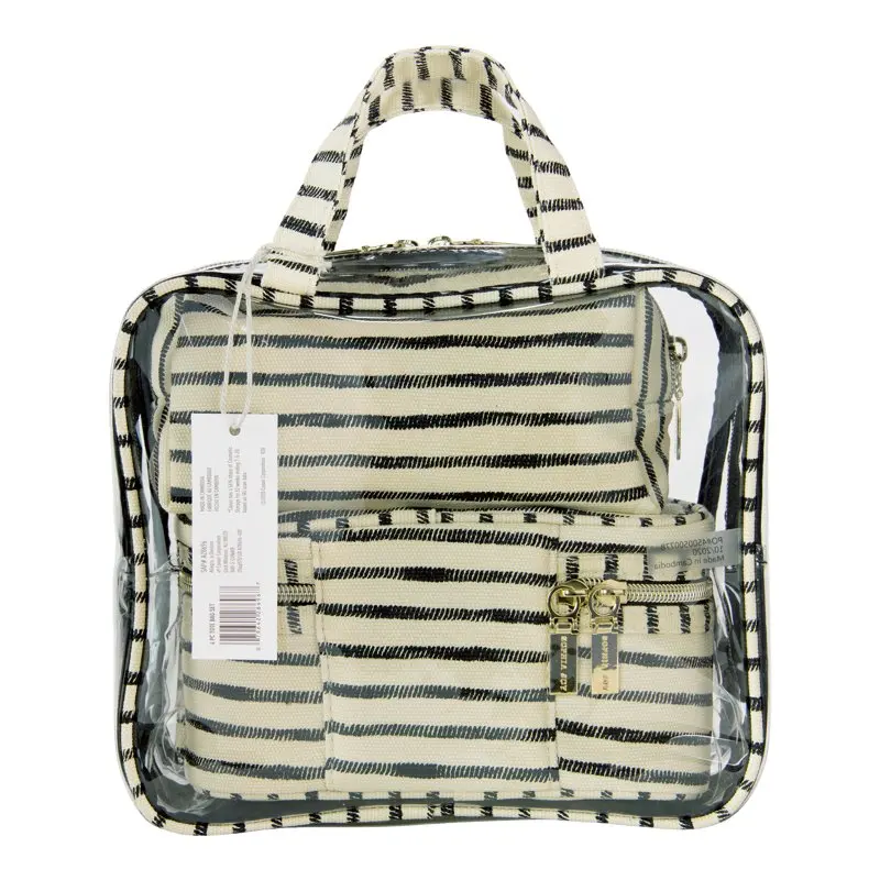 4-Piece Multi-Use Organizer Bag Set for Makeup, Toiletries, and Accessories. Includes Striped Canvas Flat Zipper Pouch, Train Ca