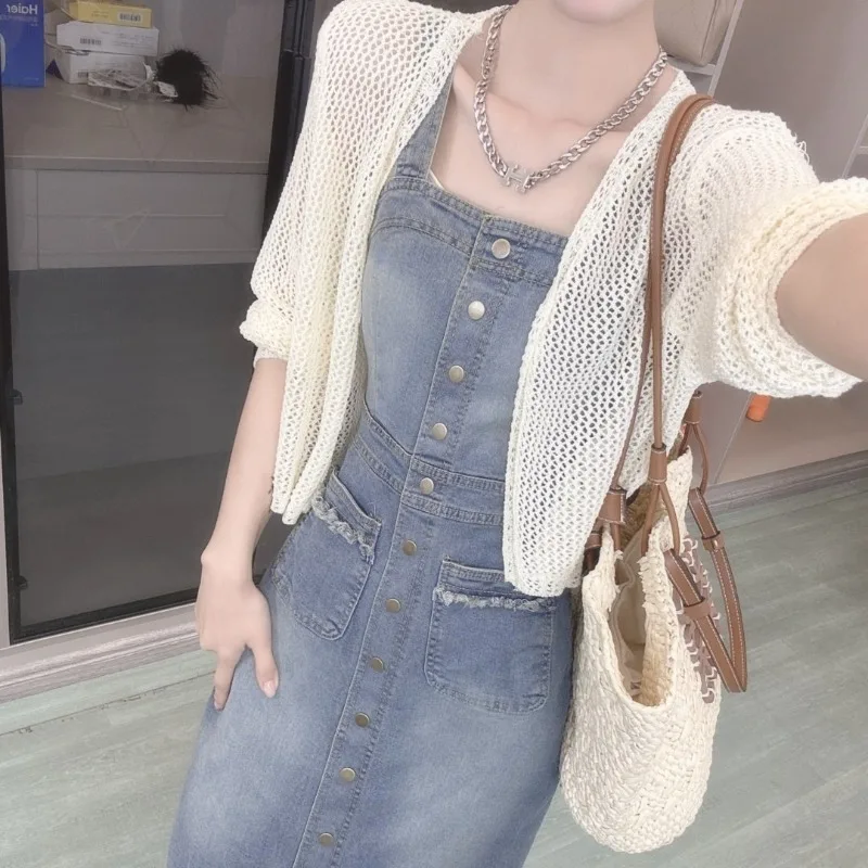 

French retro raw-edge denim strap dress female ultra-slim temperament washed gradient sling dress
