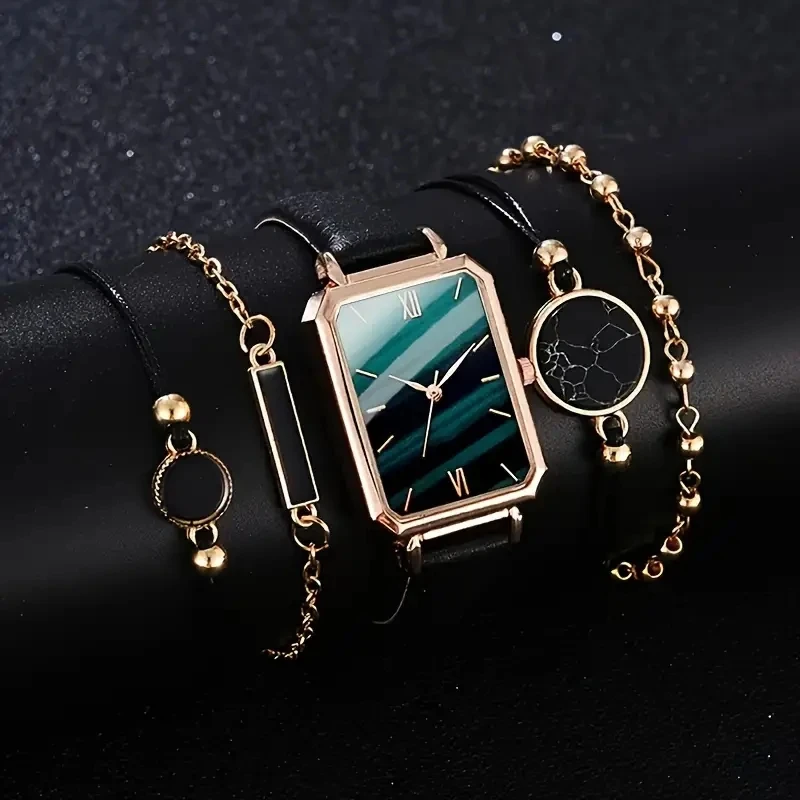5 шт./комплект женские прямоугольные кварцевые наручные часы из ПУ кожи