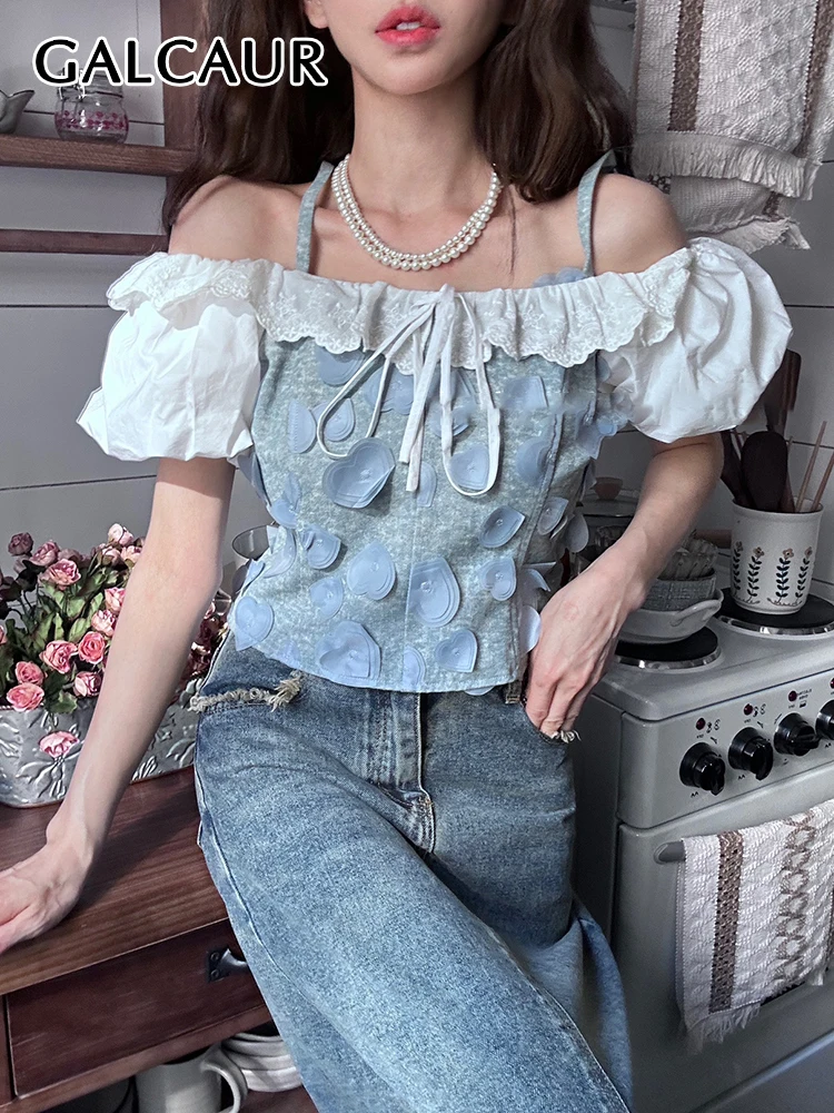 

GALCAUR Sweet Patchwork Shirts For Women Square Collar Puff Sleeve Off Shoulder Spliced Ruffles Hit Color Blouse Female Summer