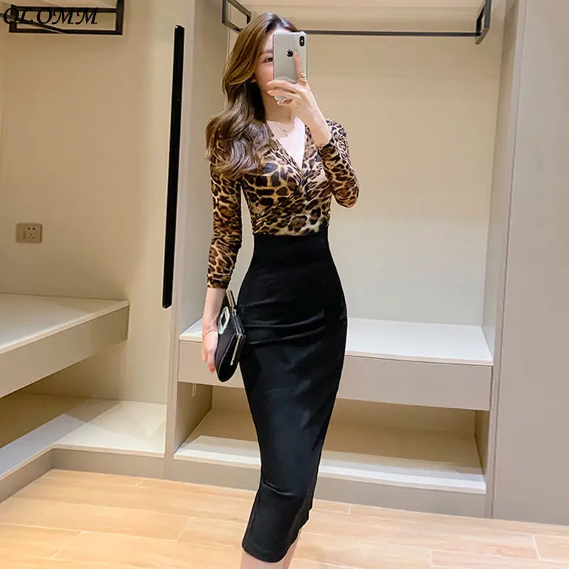 

Leopard Print Long Sleeve Summer Maxi Pencil Dress Elegant 2022 New V-neck Sexy Thin Feminine Buttock Wrapped Medium Korean