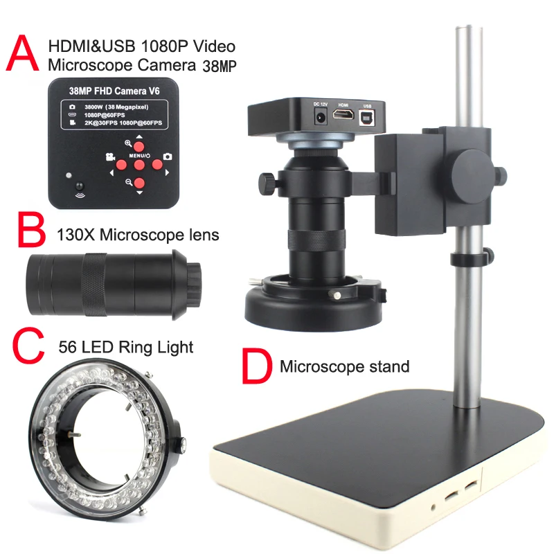 

Цифровой микроскоп 1080P HDMI VGA для электронной пайки 130X 38MP микроскоп камера USB светодиодная кольцесветильник профессиональный ремонт