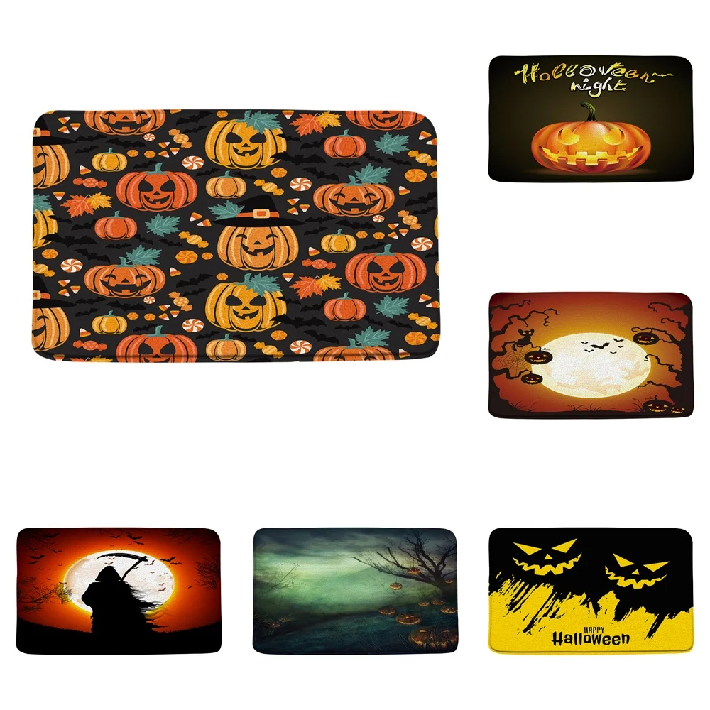 

Watercolor Pumpkin Maple Leaves Bath Mats Halloween Moon Bat Flannel Bathroom Rugs Non-Slip Doormat Kitchen Toilet Floor Carpet