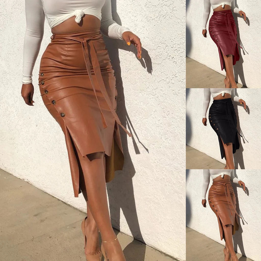 

2022 Fashion Women's MIDI Skirt Slim Cut Leather Skirt belt solid color button pencil skirt stretch wrap hip skirt 3 colors opti