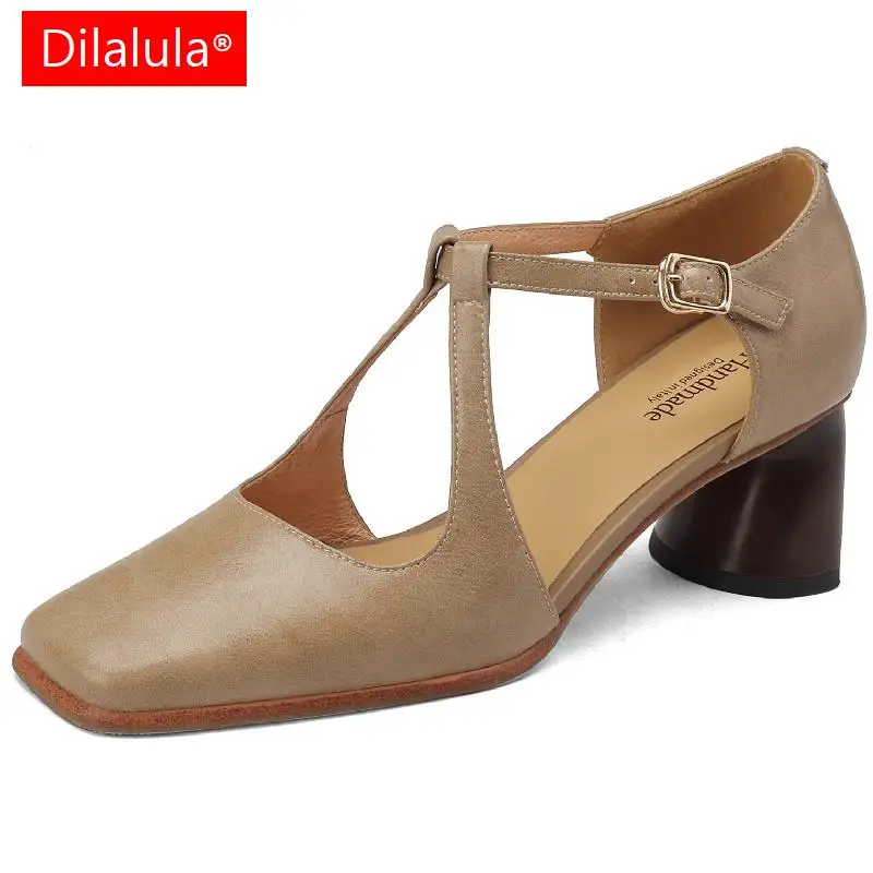 

Dilalula Spring Summer Women Pumps Vintage Newest Quality Genuine Leather Square Toe Thick Heels Office Ladies Party Shoes Woman