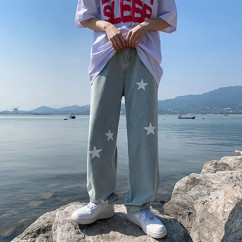 Printed Jeans Men's Spring Loose Casual Fashionable Ins Personalized High Street Straight Hip Hop Wide-Leg Trousers