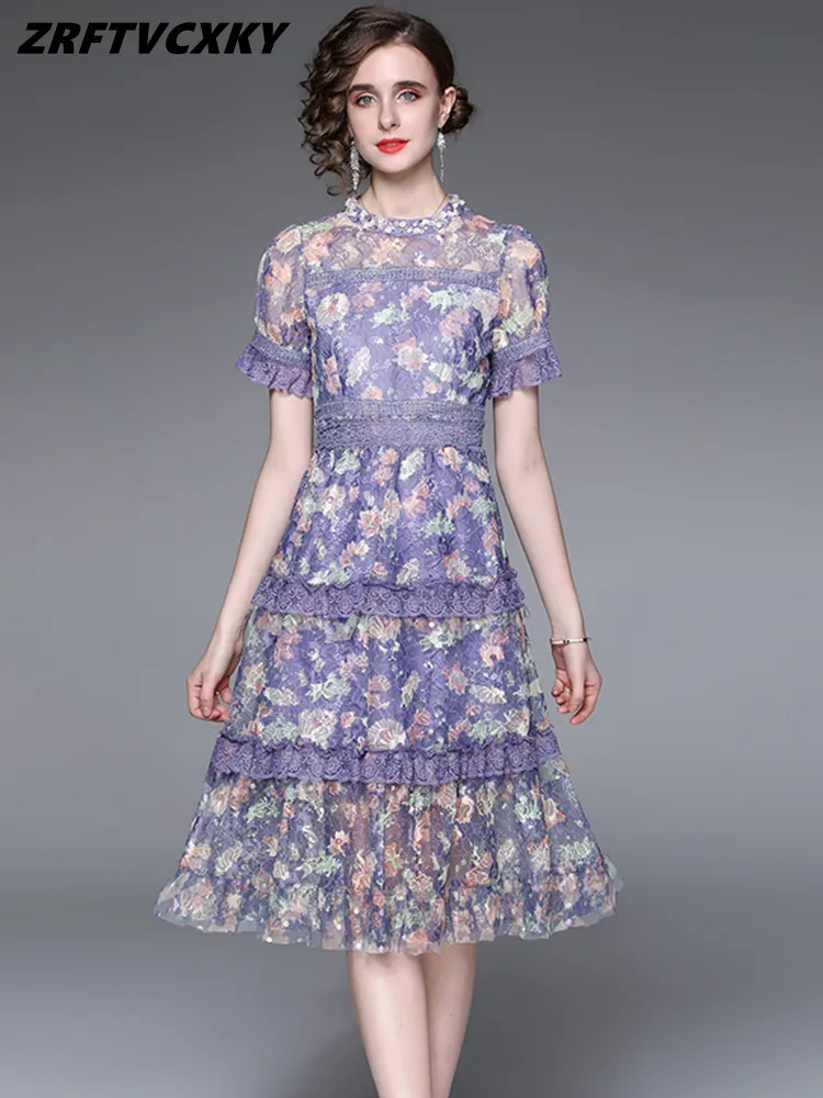 

Женское модельное кружевное платье, элегантное Сетчатое платье с цветочной вышивкой и круглым вырезом, с коротким рукавом, лето-осень