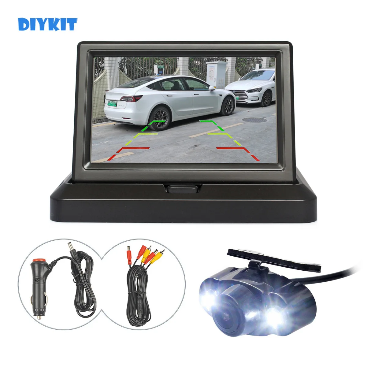 DIYKIT Wired 5" Foldable Rear View Monitor Car Monitor Waterproof LED Color Night Vision Rear View Car Camera Parking System
