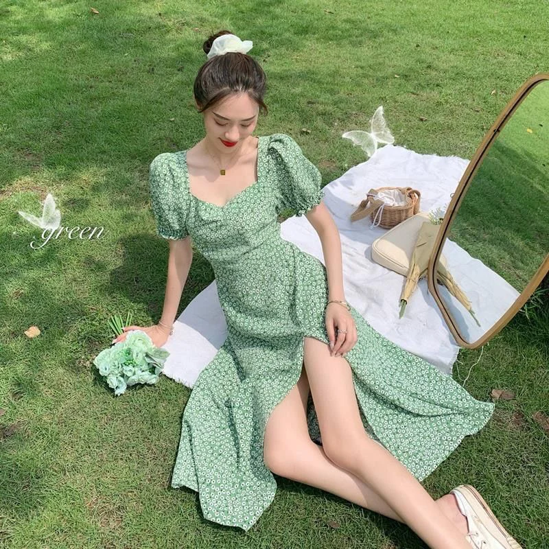

Женское платье до середины икры, зеленое платье во французском стиле с квадратным вырезом, пышными рукавами и разрезом, элегантная Милая од...