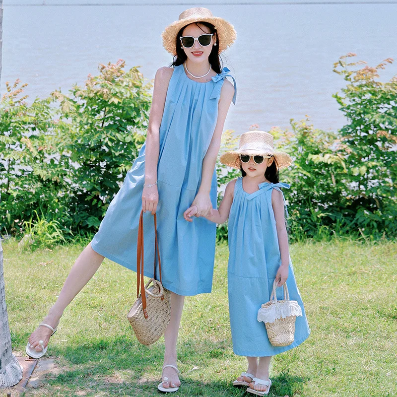 Платье для отпуска дочери и мамы одинаковое синее платье ребенка праздничные