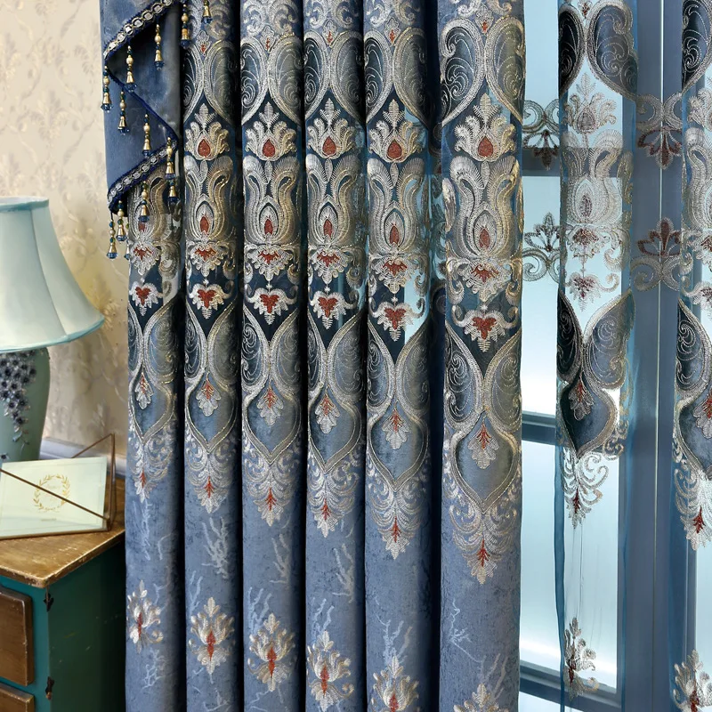 Синие Водорастворимые Вышитые оконные шторы из плотной синели для гостиной