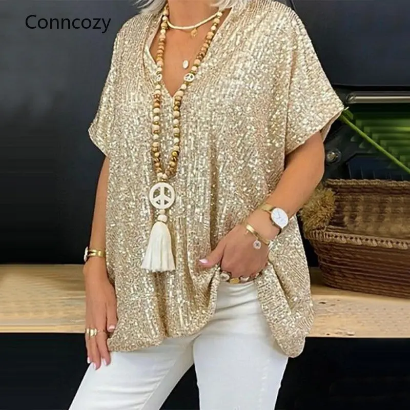 

Летняя женская футболка с блестками, повседневная Однотонная футболка с коротким рукавом, женская одежда, топы, Свободный пуловер с V-образным вырезом для вечеринки, женская блуза