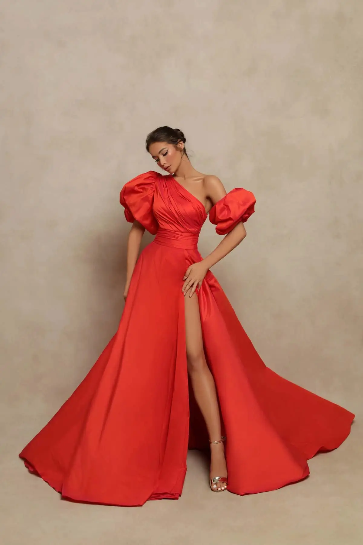 

Normicel One Shoulder Satin Prom Dresses with Slit Ruched Elegant Puffy Sleeves Long Ball Gowns for Women Formal Evening Dresses
