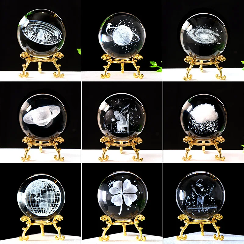 

60mm 3d Carving Crystal Ball Paperweight with Stand Glass Globe Sphere Feng Shui Figurine Home Decor Ornaments Christmas Gift