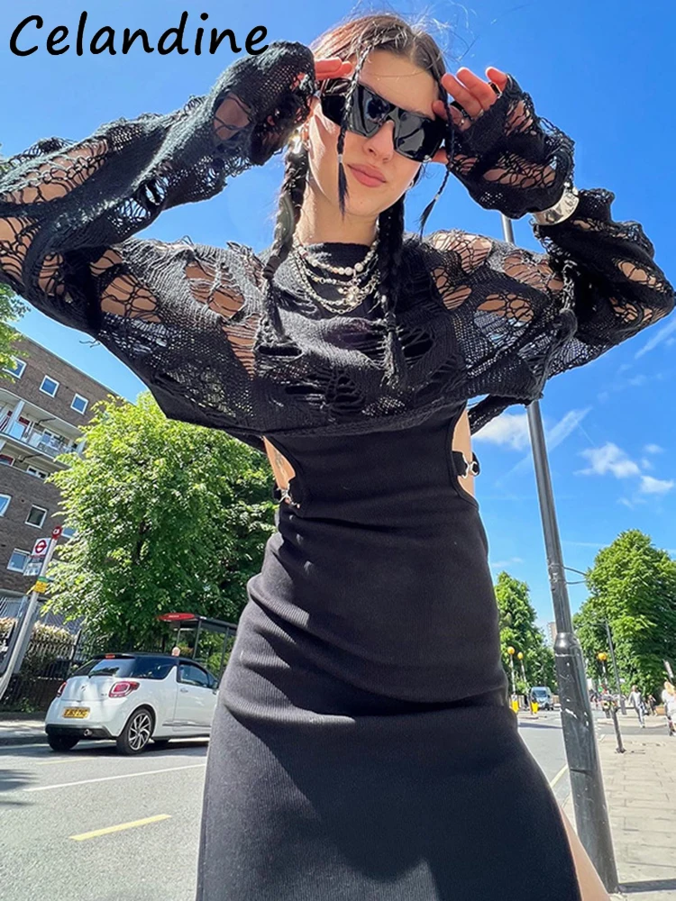 

Вязаный крючком черный ажурный женский пляжный кроп-топ Celandine Y2K с длинным рукавом, футболка, уличная мода, летняя одежда