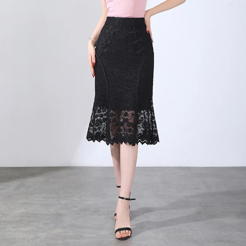 

2022 New Summer Fresh Stitching Lace Mid Skirt Elegant Solid Color Temperament Women Skirt Women Trendy Skirts Black