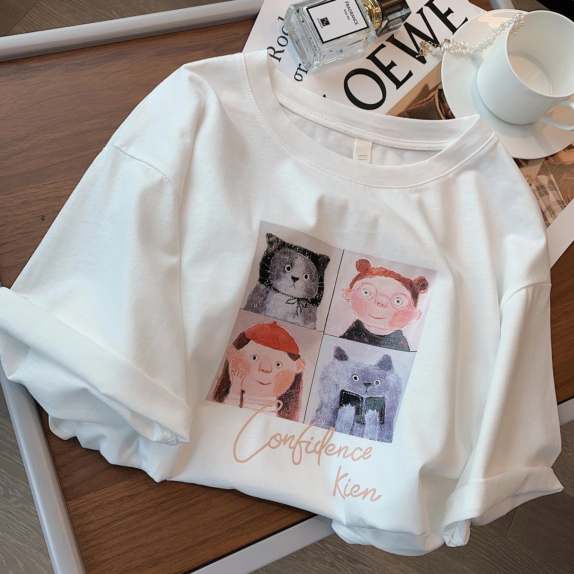 

Cotton 2022 New Short Sleeve T-shirt Women Streetwear White Top Kawaii Clothes Cute Cartoon Tshirts Y2k Aesthetic Women Tees
