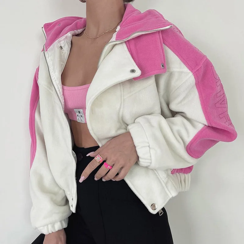 

Trendy Color Contrast Design High-necked Plush Jacket Waist Loose Loose Workwear Jacket Cropped Jacket Pink Coat 2022 Harajuku