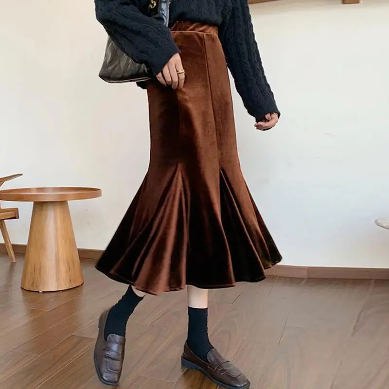 

Юбка ZANZEA Женская бархатная трапециевидная, элегантная макси юбка-годе, Повседневная Однотонная юбка с эластичным поясом, большие размеры, в...