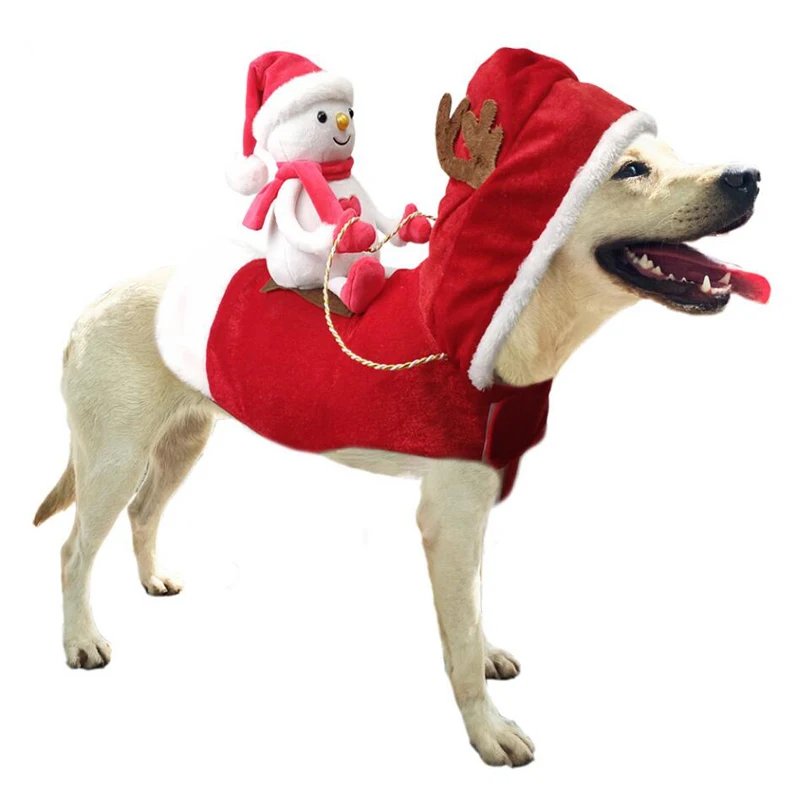 

Funny Snowman Riding Dog Christmas Costume Reindeer Hooded Outfits Winter Dog Jacket Xmas Dress up Clothing for Small Large Dogs