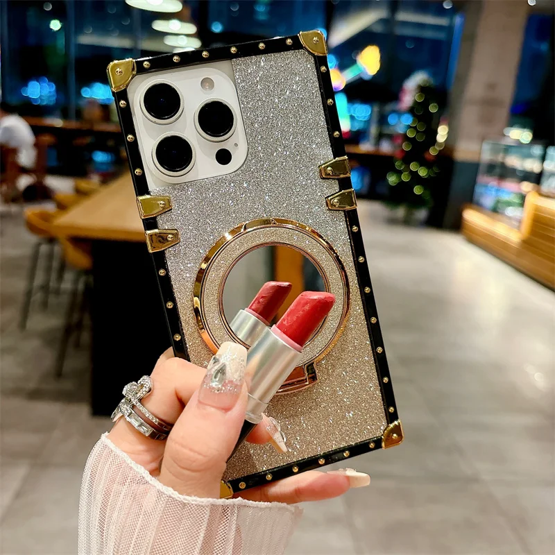 Square black box frame gradient glitter phone case with magnetic holder for 11 12 13 14 15 16 pro max
