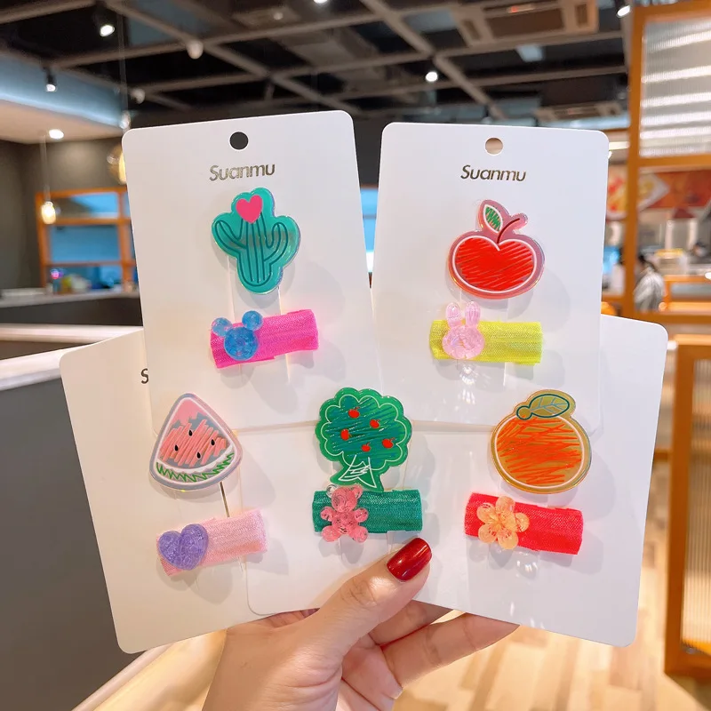 

2-pcs Set of Korean Bright Color Acrylic Watermelon Apple Cute Cartoon Duck Bill Side Hairpin for Children Girl Hair Accessories