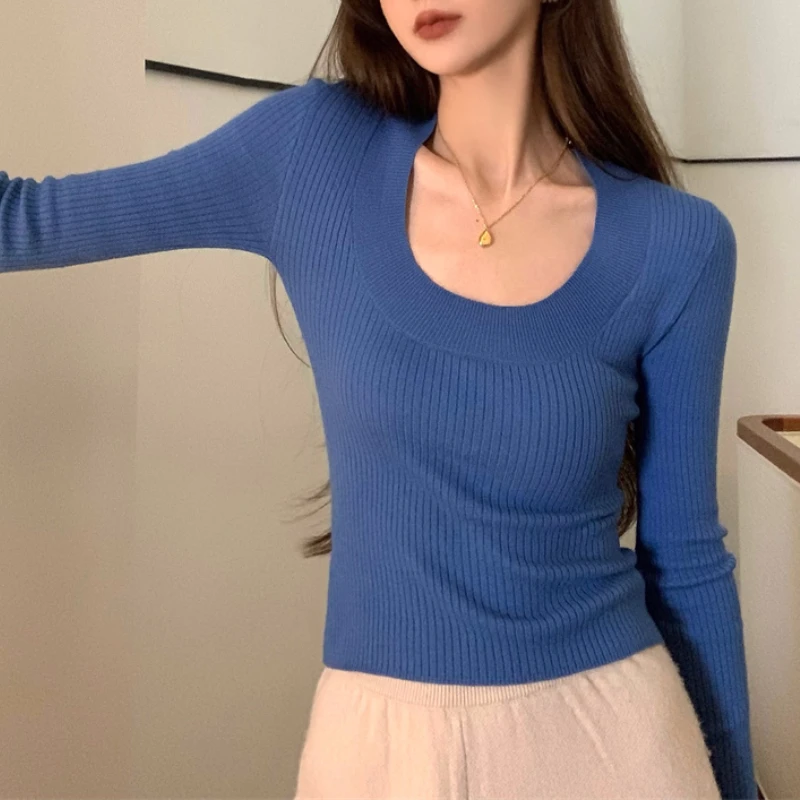 

Женский ТРИКОТАЖНЫЙ УКОРОЧЕННЫЙ ТОП, вязаная эластичная футболка с длинными рукавами и винтовой нитью в корейском ретро-стиле, весна 2023