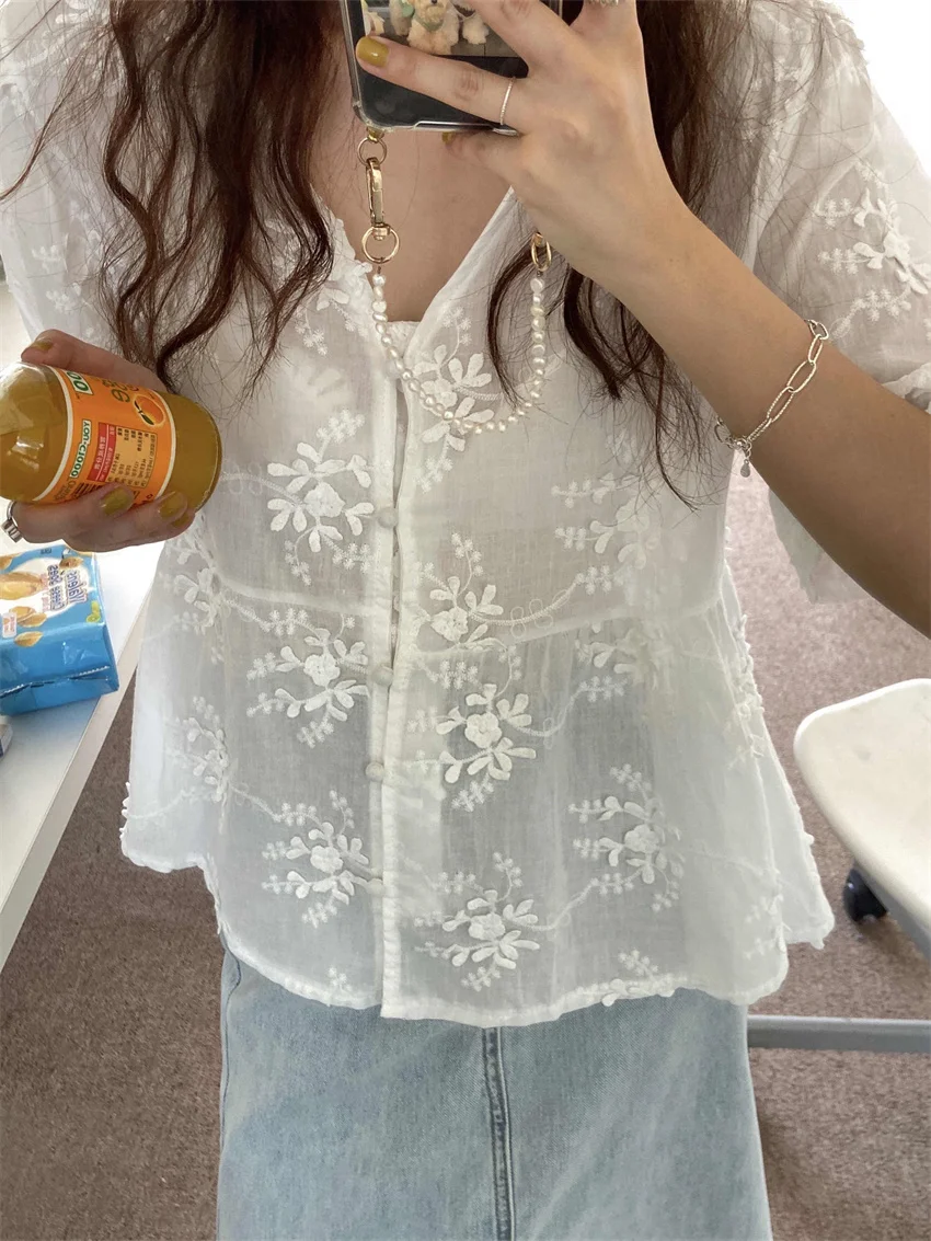 Женская рубашка с цветочной вышивкой свободная повседневная офисная V-образным