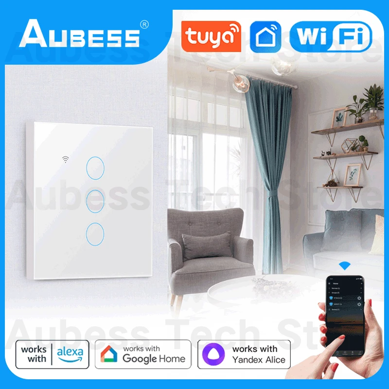 Умный сенсорный выключатель AUBESS Tuya 1/2/3/4 клавиши Wi-Fi нулевой переключатель для ЕС