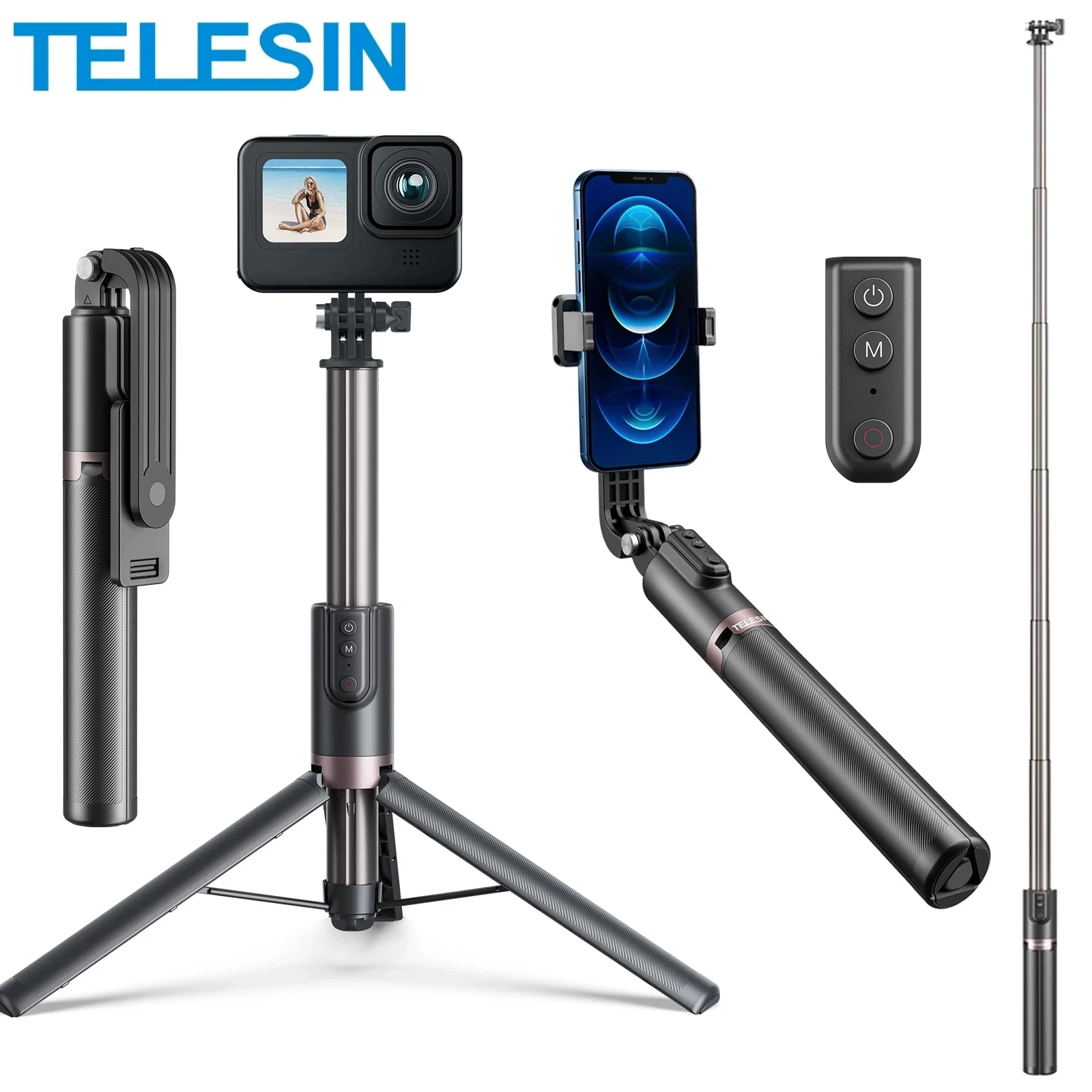 

TELESIN 1.3/0.6m Vlog Selfie Stick Wireless Bluetooth Remote Tripod for GoPro 11 10 9 Insta360 DJI Action 3 Camera iPhone 14 13