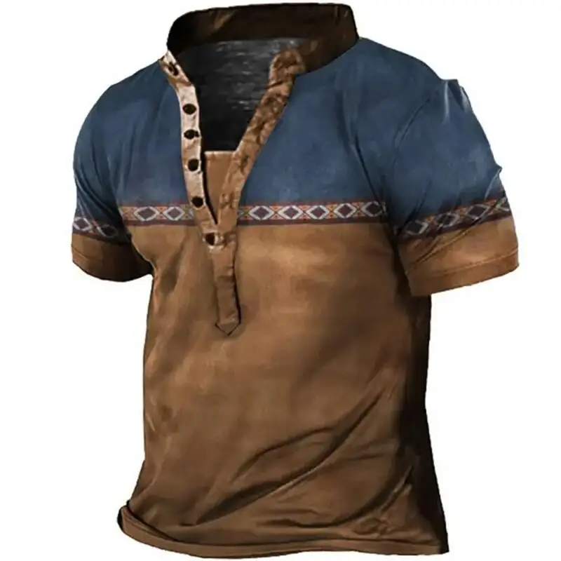 2023 Summer Men's T-shirt Six Grain Guckle V-neck 3D Print Cool Tops Retro Streetwear Plus Size Clothing