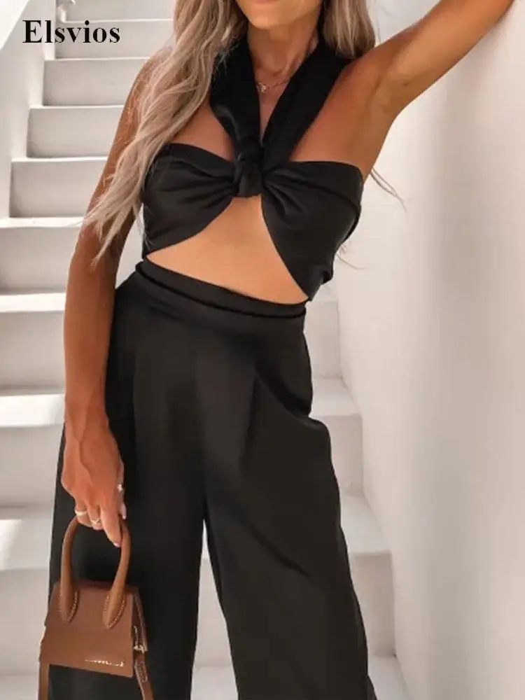 

Summer Women Beach Two Piece Set Sexy Cross Halter Crop Tops And High Waist Loose Pants Outfits Casual Solid Fashion Satin Suits