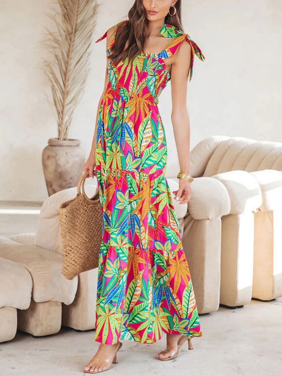 

Женское пляжное свободное платье-комбинация с принтом, плиссированное Летнее Длинное платье без рукавов с завязкой и принтом листьев, платье для отпуска
