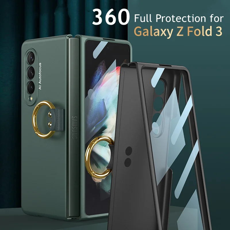

360 Full Protection Case for Samsung Galaxy Z Fold 3 5G Plain Finger Key Ring Cover Hard Plastic Frame Front Glass Case