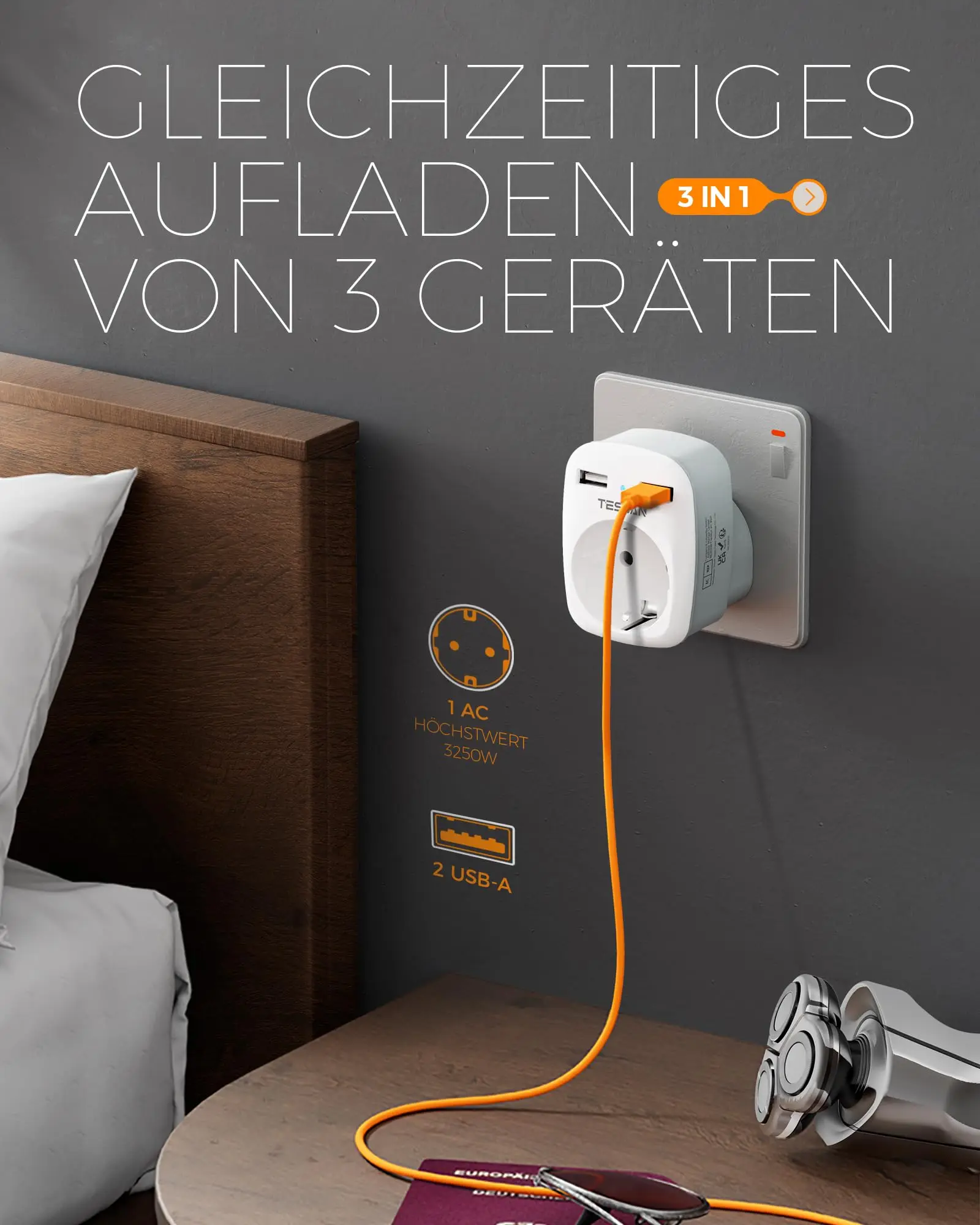 Адаптер TESSAN с европейской розеткой и 2 USB-портами настенное зарядное устройство USB