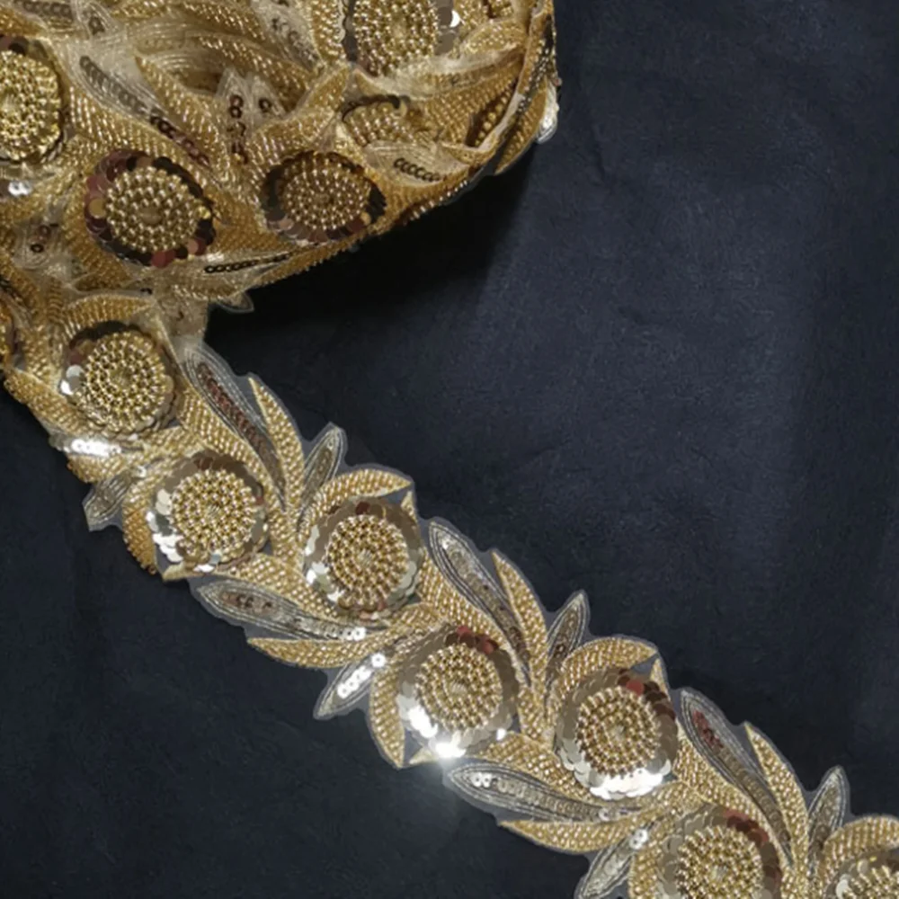 

1 Yard Gold 8.5cm Width Sequins Beaded Flower Lace Trim Ribbon Embroidered Fabric Crocheted Wedding Dress Sewing Supplies Hot
