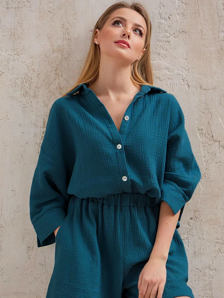 

Пижама, летние/осенние пикантные костюмы с шортами, женская пижама из 100% хлопка, женская летняя одежда для сна с отложным воротником, Брюки с...