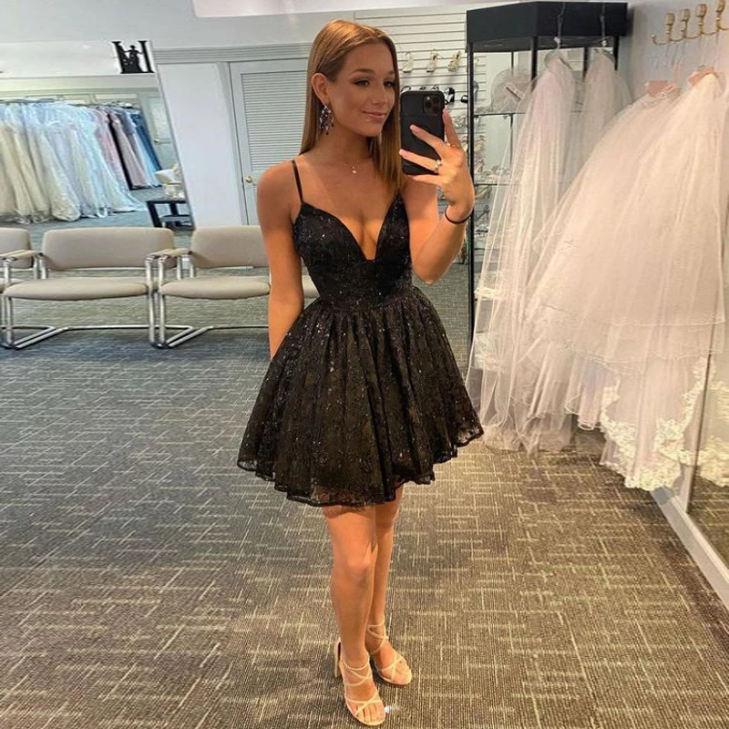 

Lace Homecoming Dresses for Woman Black Elegant Deep V Neck Mini Dresses High Waist Above Knee Cocktail Evening Party Gowns 2022