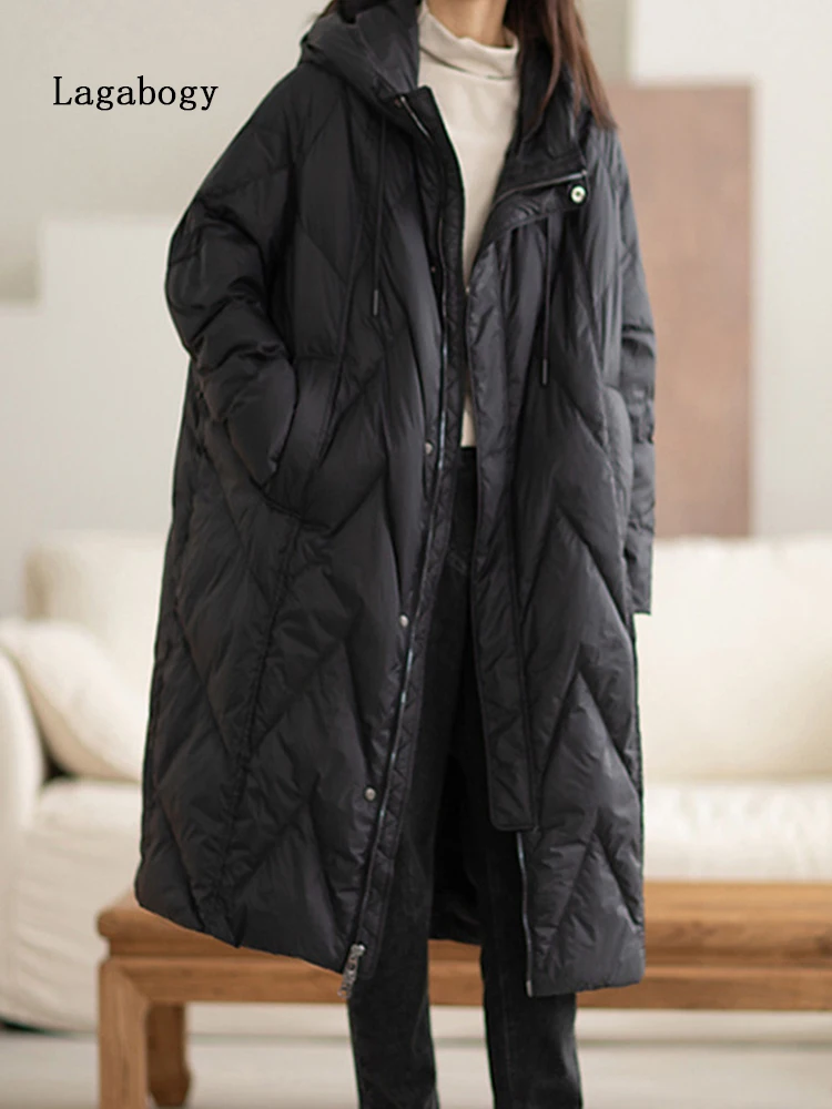 

Зимняя женская длинная куртка Lagabogy 2022 на белом утином пуху, Повседневная Свободная теплая верхняя одежда с капюшоном, женское толстое пухов...