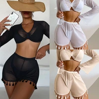 2022 womens sexy black mesh long sleeve shirts fringe lace shorts two piece sexy summer brazilian swimwear 2 piece set women