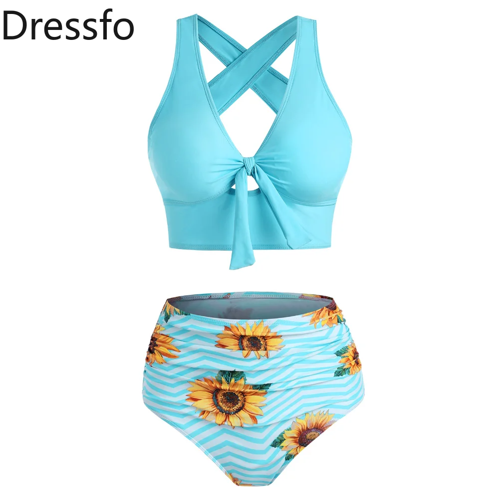 

Dressfo Tummy Control Tankini Swimwear Sunflower Zig Zag Print Swimsuit Crisscross Cut Out Bowknot Tied Beach Bathing Suit 2023